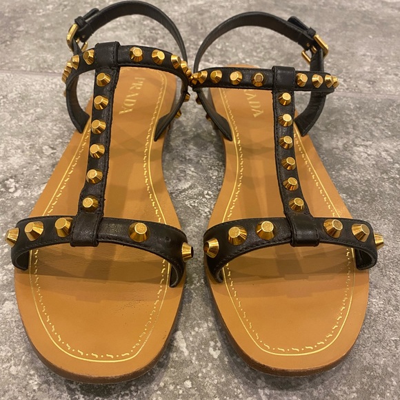 Prada black leather gold studs flats sandals - Picture 8 of 9